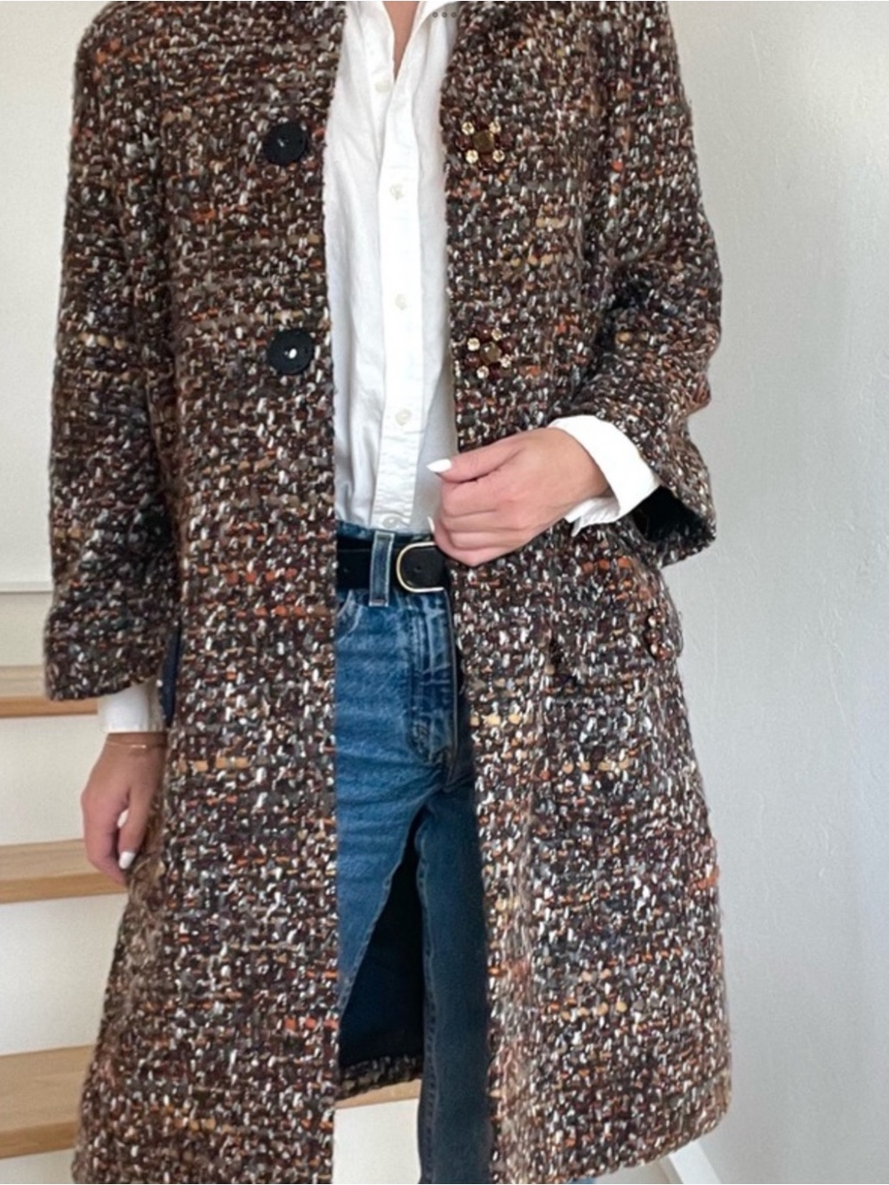 Dolce & Gabbana Brown Tweed Long-Sleeve Shift Dress with Orange Flecks